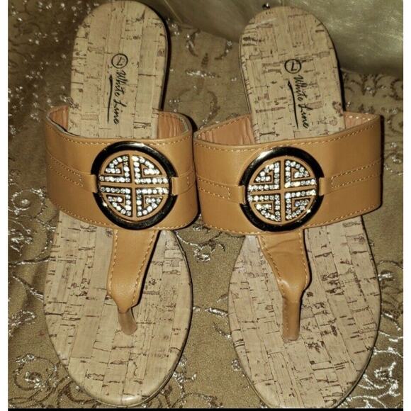 White Line Women's Slip On Faux Cork Wedges Jewel Embellished Platforms Size 7 - Picture 2 of 8